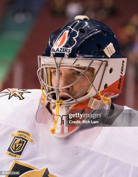 Goalie Dylan Ferguson of the Vegas Golden Knights during the pre-game warm-up prior to NHL action against the Vancouver Canucks on November 2017 at...