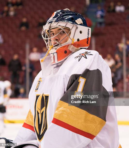 Goalie Dylan Ferguson of the Vegas Golden Knights during the pre-game warm-up prior to NHL action against the Vancouver Canucks on November 2017 at...