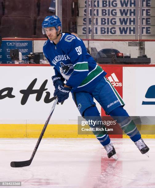 Patrick Wiercioch of the Vancouver Canucks skates during the pre-game warm up prior to NHL action against the Vegas Golden Knights on November 2017...