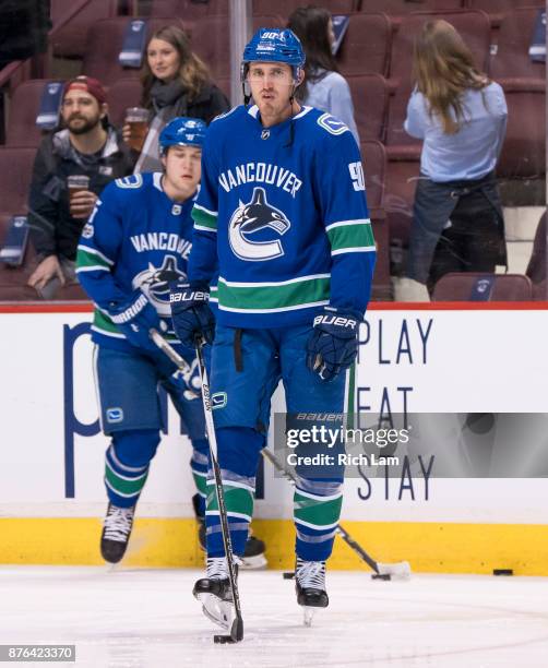 Patrick Wiercioch of the Vancouver Canucks skates during the pre-game warm up prior to NHL action against the Vegas Golden Knights on November 2017...