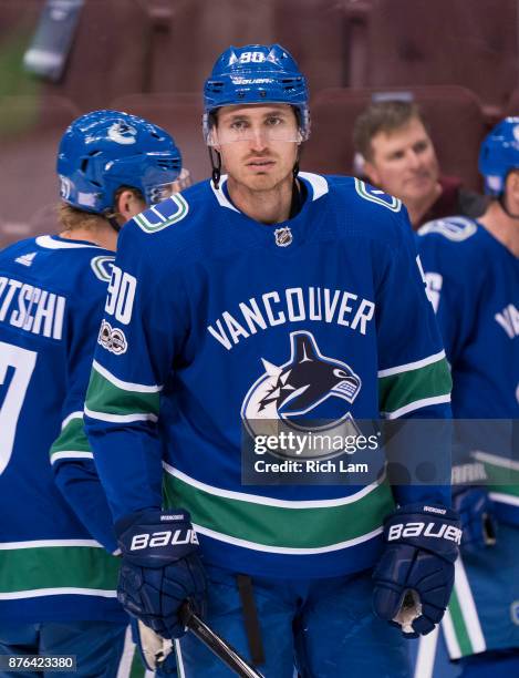 Patrick Wiercioch of the Vancouver Canucks skates during the pre-game warm up prior to NHL action against the Vegas Golden Knights on November 2017...