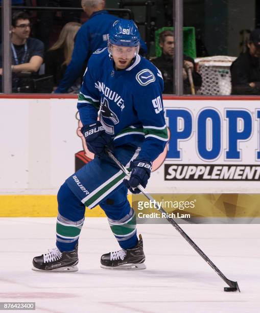 Patrick Wiercioch of the Vancouver Canucks skates during the pre-game warm up prior to NHL action against the Vegas Golden Knights on November 2017...