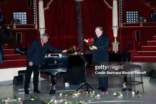 Pianist Gerard Daguerre and Gerard Depardieu acknowledge the applause of the audience at the end of Barbara makes Gerard Depardieu triumph in...