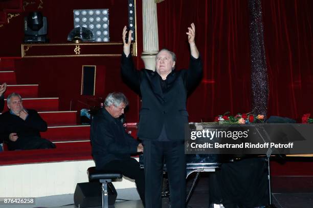 Pianist Gerard Daguerre and Gerard Depardieu acknowledge the applause of the audience at the end of Barbara makes Gerard Depardieu triumph in...