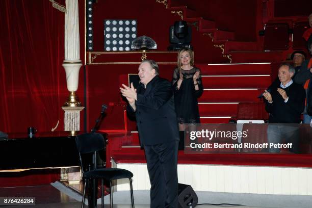 Gerard Depardieu acknowledges the applause of the audience at the end of Barbara makes Gerard Depardieu triumph in "Depardieu Chante Barbara" at "Le...