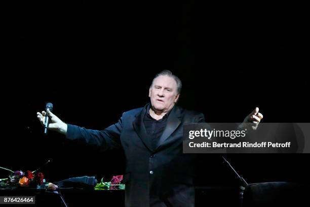 Gerard Depardieu performs as Barbara makes him triumph in "Depardieu Chante Barbara" at "Le Cirque D'Hiver" on November 19, 2017 in Paris, France.