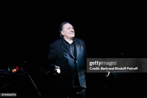 Gerard Depardieu performs as Barbara makes him triumph in "Depardieu Chante Barbara" at "Le Cirque D'Hiver" on November 19, 2017 in Paris, France.