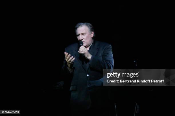 Gerard Depardieu performs as Barbara makes him triumph in "Depardieu Chante Barbara" at "Le Cirque D'Hiver" on November 19, 2017 in Paris, France.