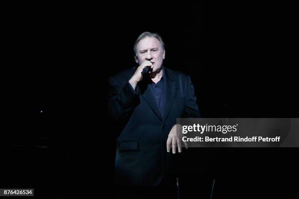 Gerard Depardieu performs as Barbara makes him triumph in "Depardieu Chante Barbara" at "Le Cirque D'Hiver" on November 19, 2017 in Paris, France.