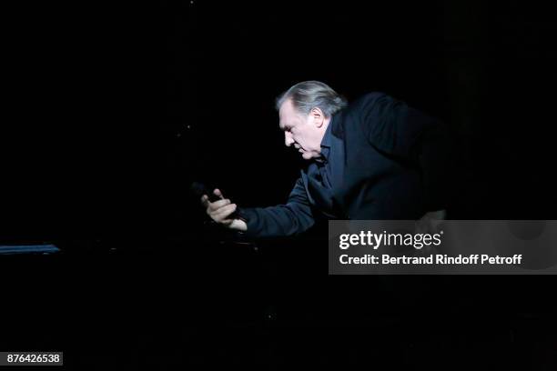 Gerard Depardieu performs as Barbara makes him triumph in "Depardieu Chante Barbara" at "Le Cirque D'Hiver" on November 19, 2017 in Paris, France.