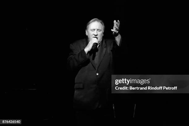 Gerard Depardieu performs as Barbara makes him triumph in "Depardieu Chante Barbara" at "Le Cirque D'Hiver" on November 19, 2017 in Paris, France.