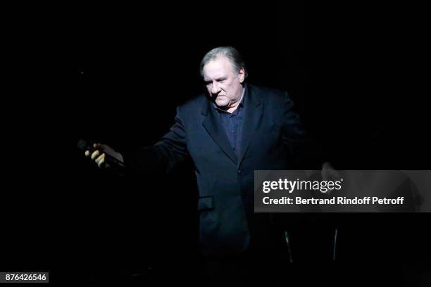 Gerard Depardieu performs as Barbara makes him triumph in "Depardieu Chante Barbara" at "Le Cirque D'Hiver" on November 19, 2017 in Paris, France.