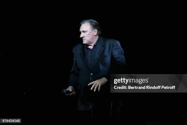 Gerard Depardieu performs as Barbara makes him triumph in "Depardieu Chante Barbara" at "Le Cirque D'Hiver" on November 19, 2017 in Paris, France.