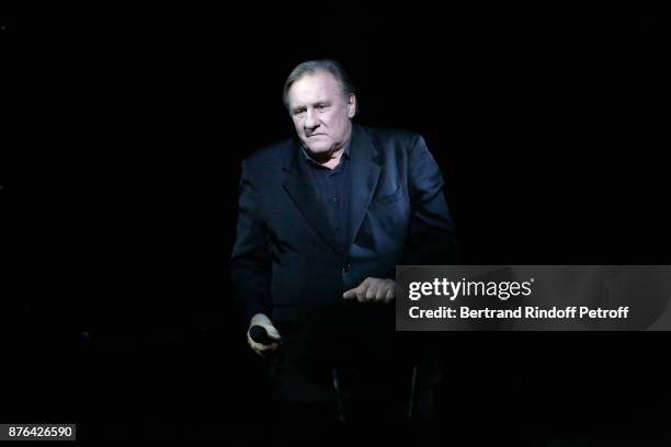 Gerard Depardieu performs as Barbara makes him triumph in "Depardieu Chante Barbara" at "Le Cirque D'Hiver" on November 19, 2017 in Paris, France.