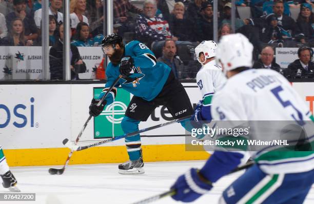 Brent Burns of the San Jose Sharks passes the puck against the Vancouver Canucks at SAP Center on November 11, 2017 in San Jose, California.