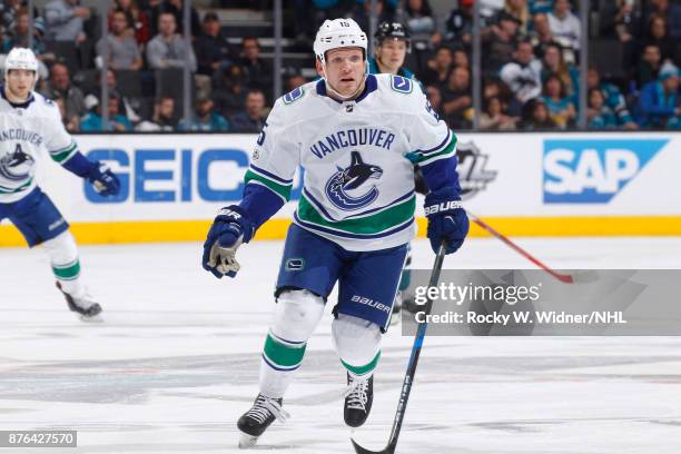 Derek Dorsett of the Vancouver Canucks skates against the San Jose Sharks at SAP Center on November 11, 2017 in San Jose, California.