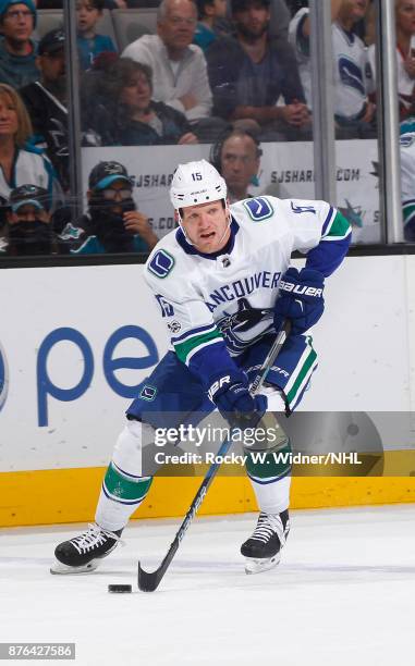 Derek Dorsett of the Vancouver Canucks skates with the puck against the San Jose Sharks at SAP Center on November 11, 2017 in San Jose, California.