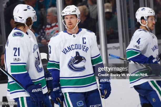 Henrik Sedin of the Vancouver Canucks looks on during the game against the San Jose Sharks at SAP Center on November 11, 2017 in San Jose, California.