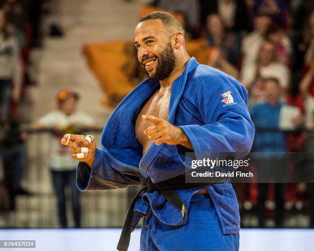 Roy Meyer of the Netherlands celebrates winning the o100kg gold medal in front of his home spectators during the The Hague Grand Prix, day 3, at the...