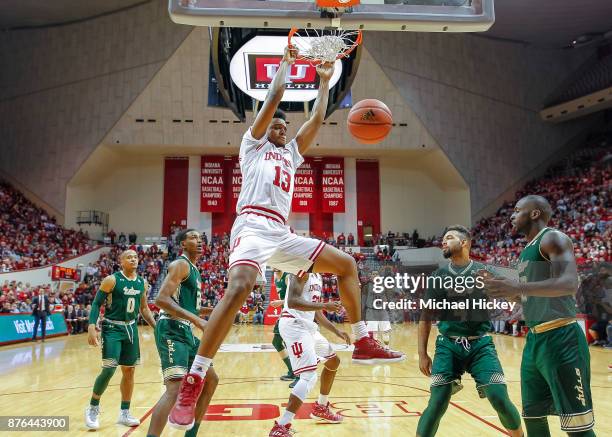 Juwan Morgan of the Indiana Hoosiers dunks the ball against the South Florida Bulls at Assembly Hall on November 19, 2017 in Bloomington, Indiana.
