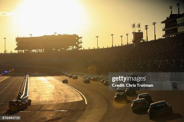 General view of racing during the Monster Energy NASCAR Cup Series Championship Ford EcoBoost 400 at Homestead-Miami Speedway on November 19, 2017 in...