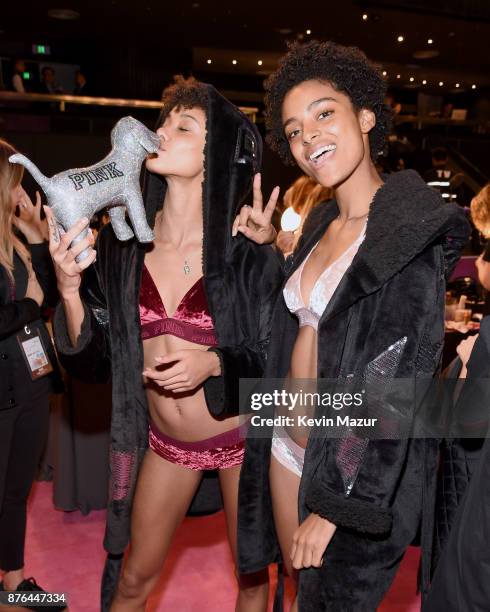 Models Samile Bermannelli and Alecia Morais pose in Hair & Makeup during 2017 Victoria's Secret Fashion Show In Shanghai at Mercedes-Benz Arena on...