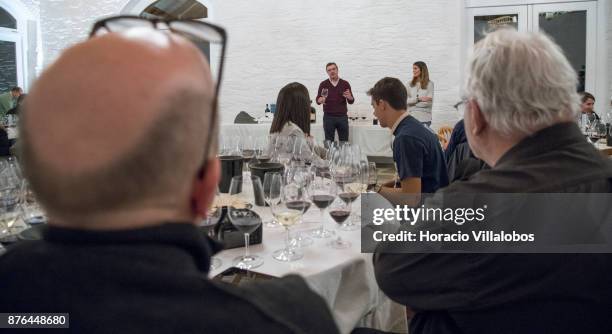 Chief enologist Pedro Luis Rocha Correia briefs visiting journalists on wines of Quinta do Bomfim-Symington winery during a tasting session on the...