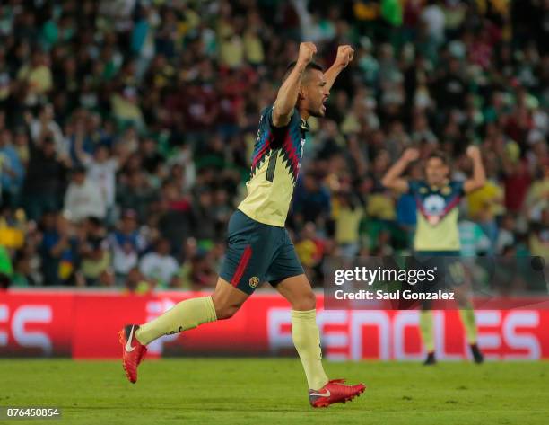 Guido Rodriguez of America celebrates after scoring the first goal of his team during the 17th round match between Santos Laguna and America as part...