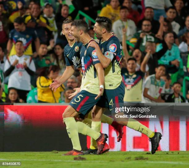 Guido Rodriguez of America celebrates after scoring the first goal of his team during the 17th round match between Santos Laguna and America as part...