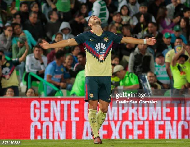 Guido Rodriguez of America celebrates after scoring the first goal of his team during the 17th round match between Santos Laguna and America as part...