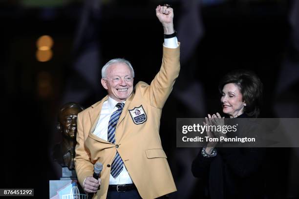 Dallas Cowboys owner Jerry Jones reacts after receiving his Pro Football Hall of Fame ring during halftime at AT&T Stadium on November 19, 2017 in...