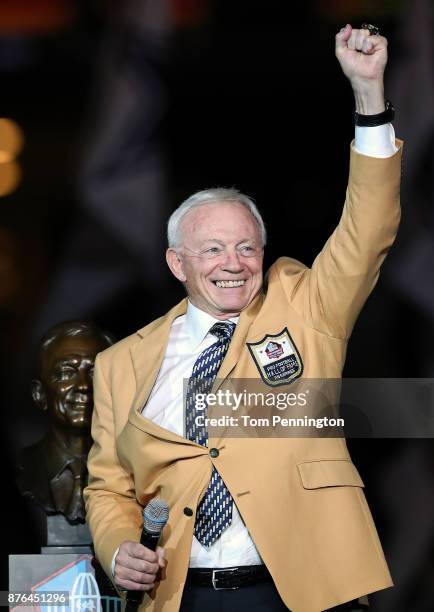 Dallas Cowboys owner Jerry Jones reacts after receiving his Pro Football Hall of Fame ring during halftime at AT&T Stadium on November 19, 2017 in...