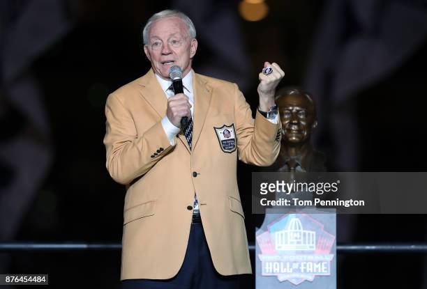 Dallas Cowboys owner Jerry Jones reacts after receiving his Pro Football Hall of Fame ring during halftime at AT&T Stadium on November 19, 2017 in...