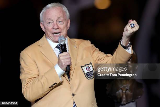 Dallas Cowboys owner Jerry Jones reacts after receiving his Pro Football Hall of Fame ring during halftime at AT&T Stadium on November 19, 2017 in...