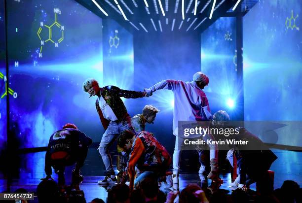 Music group BTS performs onstage during the 2017 American Music Awards at Microsoft Theater on November 19, 2017 in Los Angeles, California.