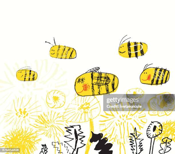 landscape with flowers and bees - bee flower stock illustrations