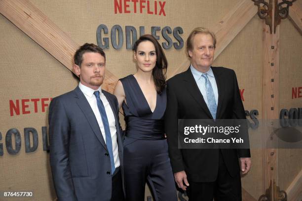 Jack O'Connell, Michelle Dockery and Jeff Daniels attend "Godless" New York premiere at The Metrograph on November 19, 2017 in New York City.