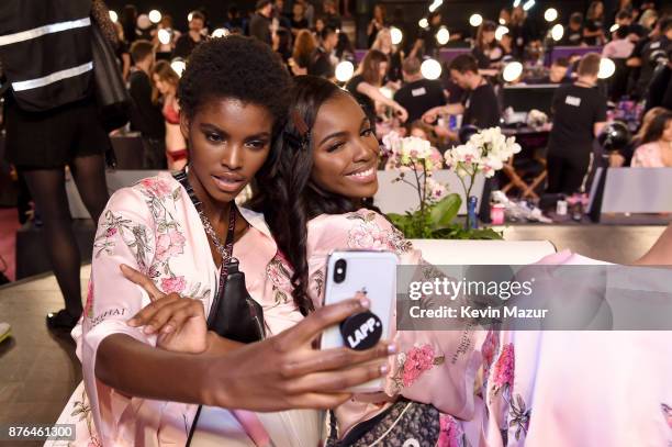 Models Amilna Estevao and Zuri Tibby pose for a selfie in Hair & Makeup during 2017 Victoria's Secret Fashion Show In Shanghai at Mercedes-Benz Arena...