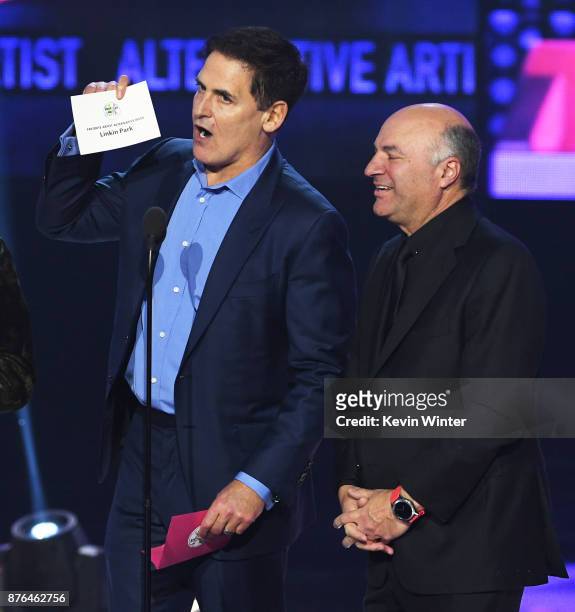 Mark Cuban and Kevin O'Leary speak onstage during the 2017 American Music Awards at Microsoft Theater on November 19, 2017 in Los Angeles, California.