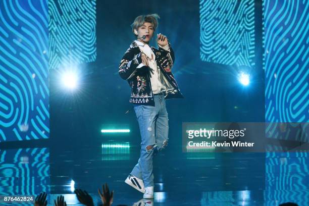 Of BTS performs onstage during the 2017 American Music Awards at Microsoft Theater on November 19, 2017 in Los Angeles, California.