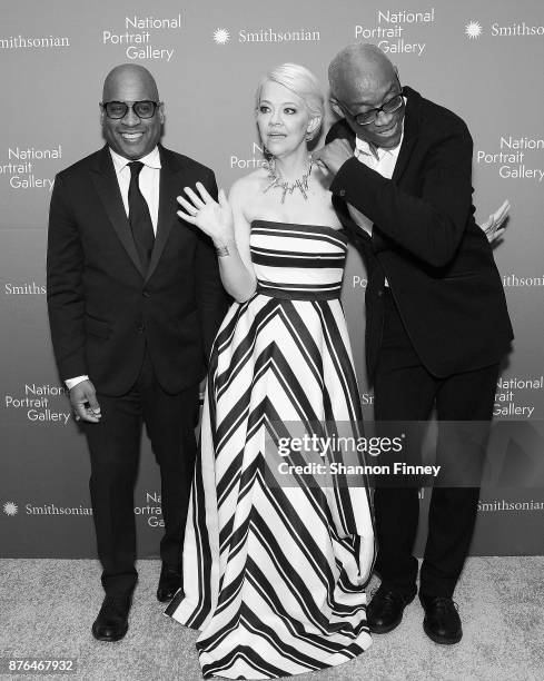 Artist Glenn Ligon, National Portrait Gallery Director Kim Sajet, and honoree and choreographer Bill T. Jones attend the National Portrait Gallery...