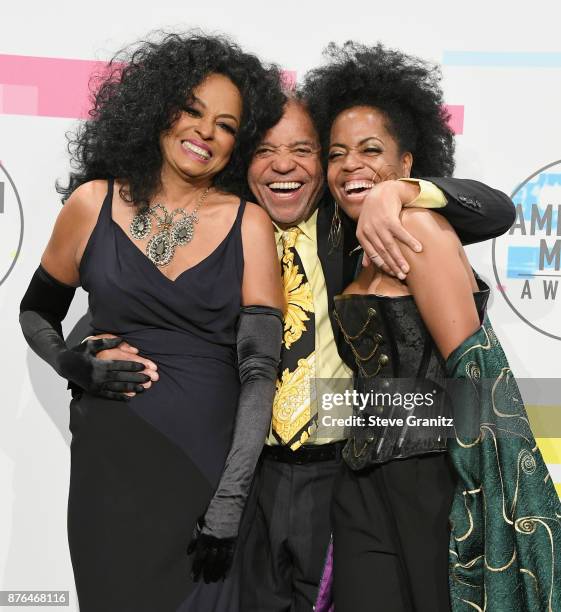 Diana Ross, Berry Gordy, and Rhonda Ross Kendrick pose in the press room during the 2017 American Music Awards at Microsoft Theater on November 19,...