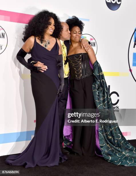 Diana Ross, Berry Gordy, and Rhonda Ross Kendrick pose in the press room during the 2017 American Music Awards at Microsoft Theater on November 19,...