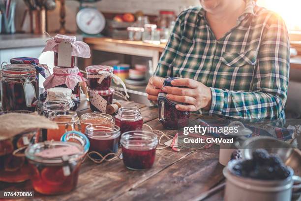 canning homemade strawberry, blueberry, apricot and raspberry jam in jars - jam jar stock pictures, royalty-free photos & images