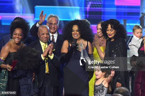 Rhonda Ross Kendrick, Berry Gordy, Diana Ross, host Tracee Ellis Ross,Chudney Ross, Ross Naess, and Bronx Wentz pose in the press room during the...