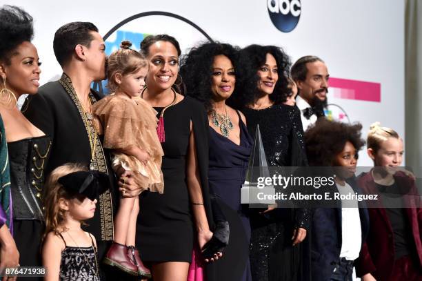 Rhonda Ross Kendrick, Evan Ross, Chudney Ross, Diana Ross, Tracee Ellis Ross, and Ross Naess pose in the press room during the 2017 American Music...