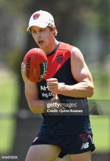Mitch Hannan of the Demons handballs during a Melbourne Demons AFL pre-season training session at Gosch's Paddock on November 20, 2017 in Melbourne,...