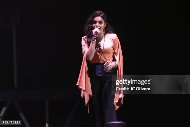 Tv personality Yarel Ramos speaks onstage during Uforia's 'K-Love Live!' at The Forum on November 19, 2017 in Inglewood, California.