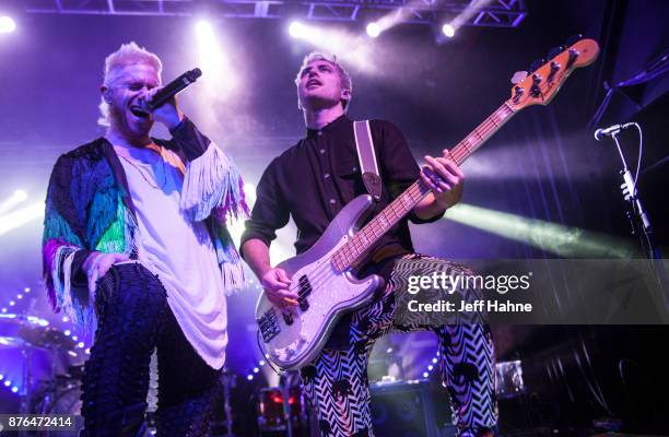 Singer/keyboardist Nicholas Petricca and bassist Kevin Ray of Walk the Moon perform at The Fillmore Charlotte on November 19, 2017 in Charlotte,...