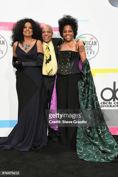Diana Ross, Berry Gordy, and Rhonda Ross Kendrick pose in the press room during the 2017 American Music Awards at Microsoft Theater on November 19,...